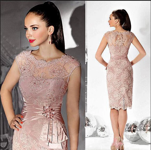 

Cap Sleeves Dusty Pink Mother Of The Bride Dresses Knee Length Wedding Banquet Ceremony Lace Beaded Evening Prom Dress