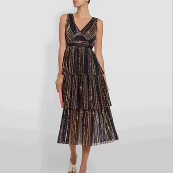 

2019 Women Fashion Striped Colorful Summer Dress Sexy Sleeveless V-Neck Elegant Evening Party Midi Vestidos