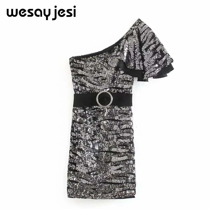 Женское платье vestidos в английском стиле, модное серебряное платье с блестками на одно плечо, Мини сексуальное платье для вечеринки