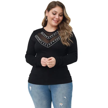 

Plus Size Women Shirt Solid Beading Perspective Mesh Tops Ladies Black Long Sleeve Tee Shirt Female Knitted Slim Blusas 6XL D30