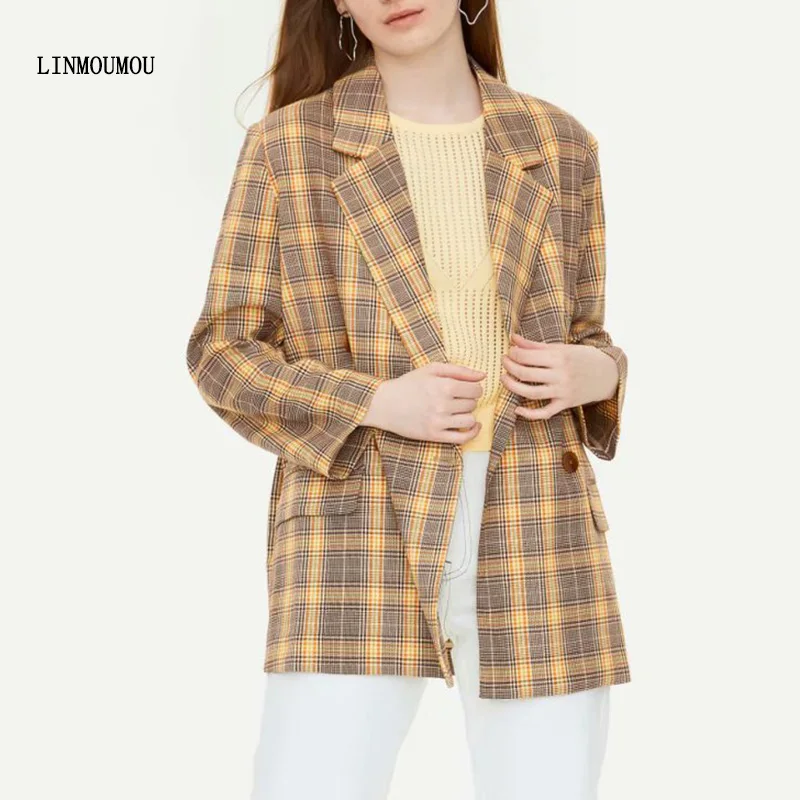 

British style ladies lapel suit long-sleeved plaid printed jacket ladies autumn loose office double-breasted blazer