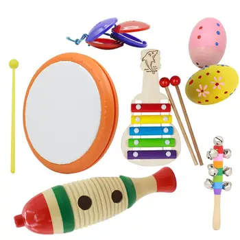 

IRIN 6pcs/set Orff Wooden Tambourine Educational Musical Instrument Set with Hand Drum Wooden Guitar Tambourine Sand Egg
