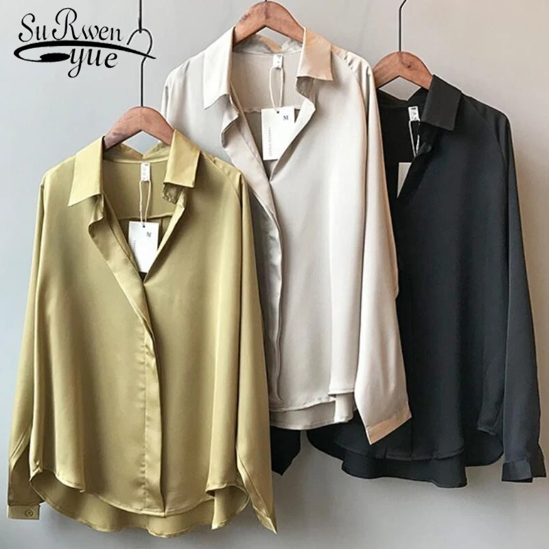 

Korean Fashion Clothing Long Sleeves Satin Blouse Vintage Femme V Neck Street Shirts Elegant Imitation Silk Blouse 5273 50