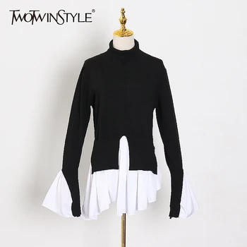 

TWOTWINSTYLE Hit Color Sweater For Women Turtleneck Flare Sleeve Ruffle Irregular Hem Sweaters Female 2020 Spring Fashion New
