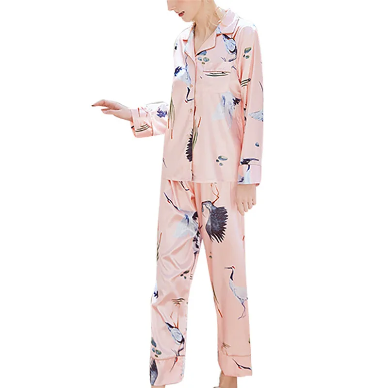 Pink Женский Пижамный костюм, топ+ штаны, женская одежда для сна, длинный рукав, ночная рубашка с принтом, Атласный топ, брюки, наборы, Ensemble de pyjama - Цвет: Pink