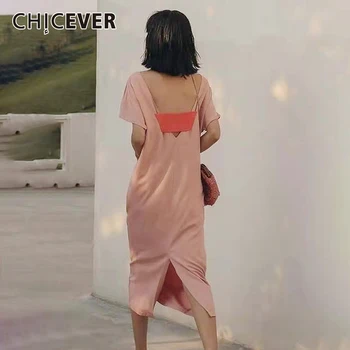 

CHICEVER Pink Korean Backless Dress For Women O Neck Short Sleeve Loose Oversized Dresses Female Fashion New Clothing 2020