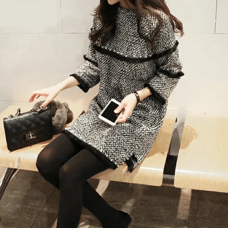 

Autumn And Winter New Style Korean-style Graceful Mid-length Loose-Fit Slimming Long Sleeve Wool Base Dress Women's