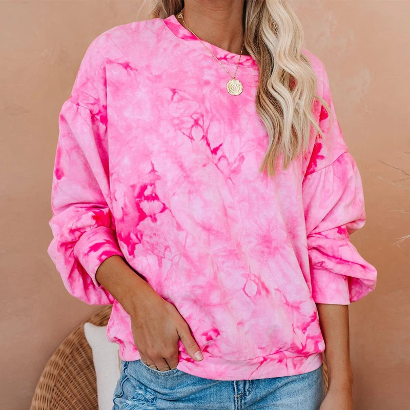 

Women Personality Tie-dye Gradient Color Puff Sleeve Round Neck T-shirt Summer Long-sleeved O Neck Sweatshirt