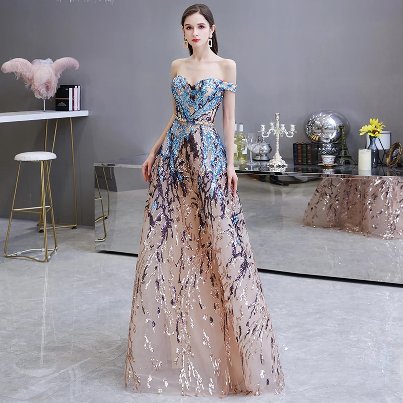 

Pretty Champagne Evening Dresses Illusion Coloful Robe De Soiree Sequined Beaded Crystal Dinner Gowns Serene Hill Formal Dress