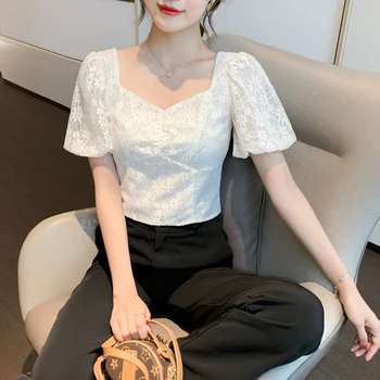 

COIGARSAM Short blouse women Summer Chiffon Lace Puff Sleeve Square Collar blusas womens tops and blouses Apricot 1083