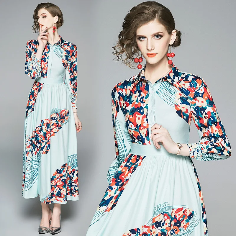 

Ozhouzhan Spring And Summer New Products Vintage Ladies' Waist Hugging Slimming Folding Printed Dress