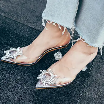 

KARINLUNA Dropship 2020 Shoes Woman High Heels Sexy Crystals Pointed Toe Slip On Transparent Summer Party Sandals Women