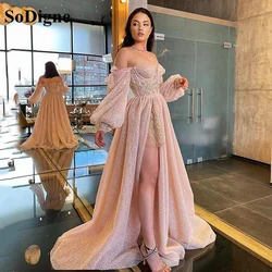 SoDigne Sequined Long Sleeves Evening Dresses Pink Split Beaded Appliques Arabic Formal Prom Gowns For Party