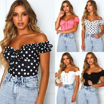 

Sexy Women Off Shoulder Slash Neck Dot Print Tank Vest Bandage Short Sleeve Crop Tops Lace-up Tank Summer Casual Party Clubwear