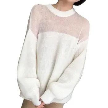 

2019 Autumn Sweater Contrast Color Stitching Round Neck Jumper Lantern Sleeves Loose Temperament Pullover Sweater Women jersey