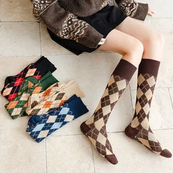 Socks Female Calf Stocking High Tube Autumn Winter INS Tide Long Knee JK Korean Street Stockings Retro Diamond Shape Women Sock