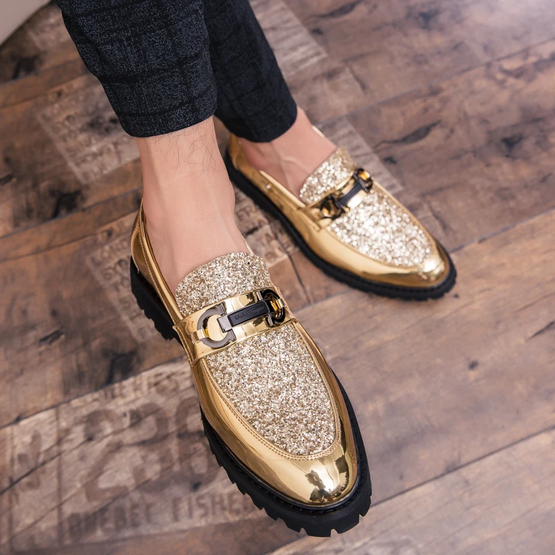 Модные классические Стиль Мужская обувь золотистый, серебристый, простой дизайнерский Для мужчин повседневная обувь, без застежек и шнурков, легко надеваются и снимаются, туфли для клубов вечеринок Для мужчин a4