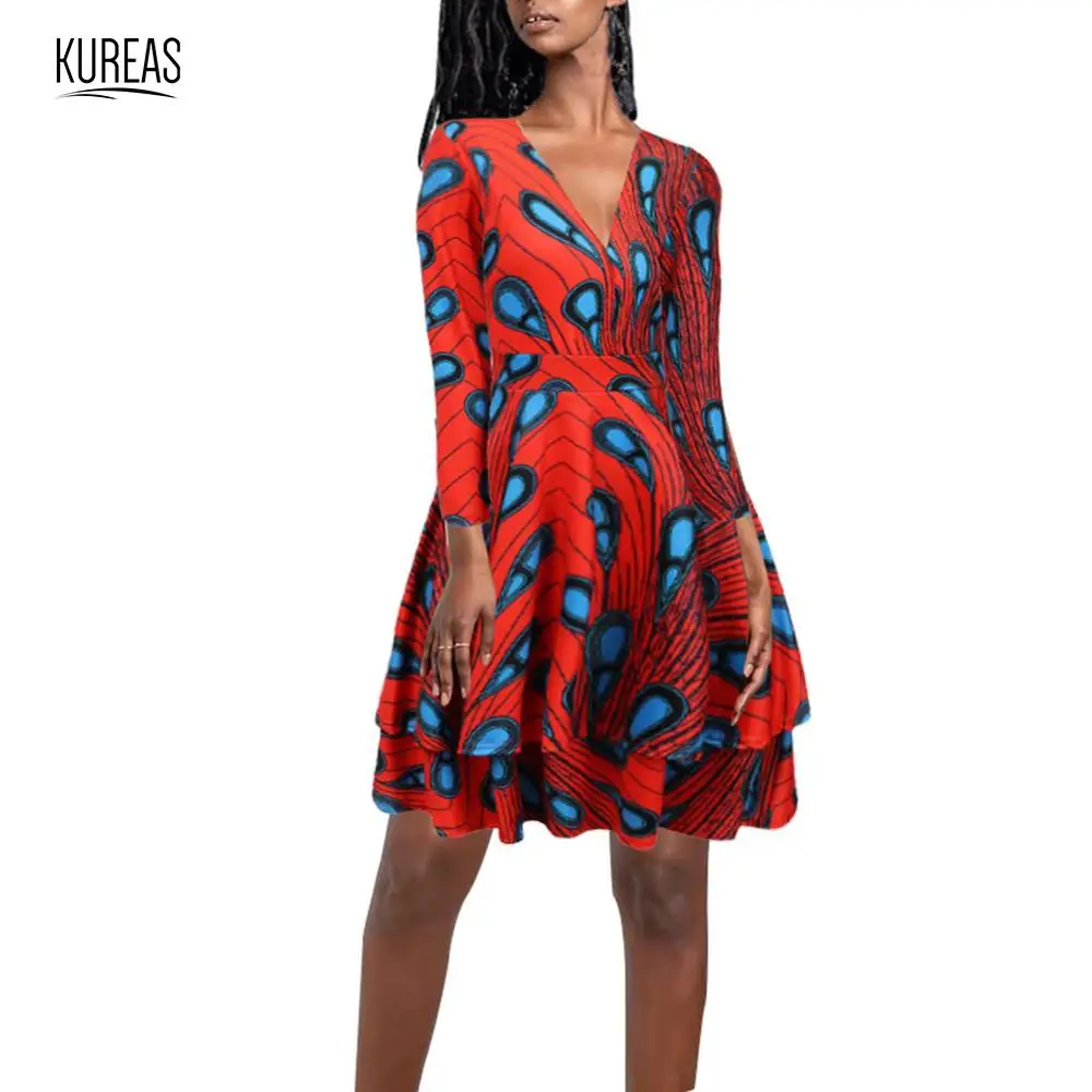 

Kureas African Dresses for Women with Ruffles Cross V Neck Dashiki Print Long Africa Midi Dress Traditional Clothing