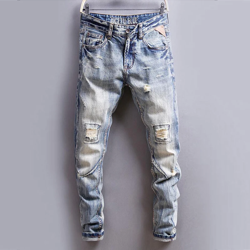 

Italian Vintage Designer Men Jeans Slim Fit Buttons Jeans Casual Long Pants Ripped Jeans Straight jeans Classical Jeans Men