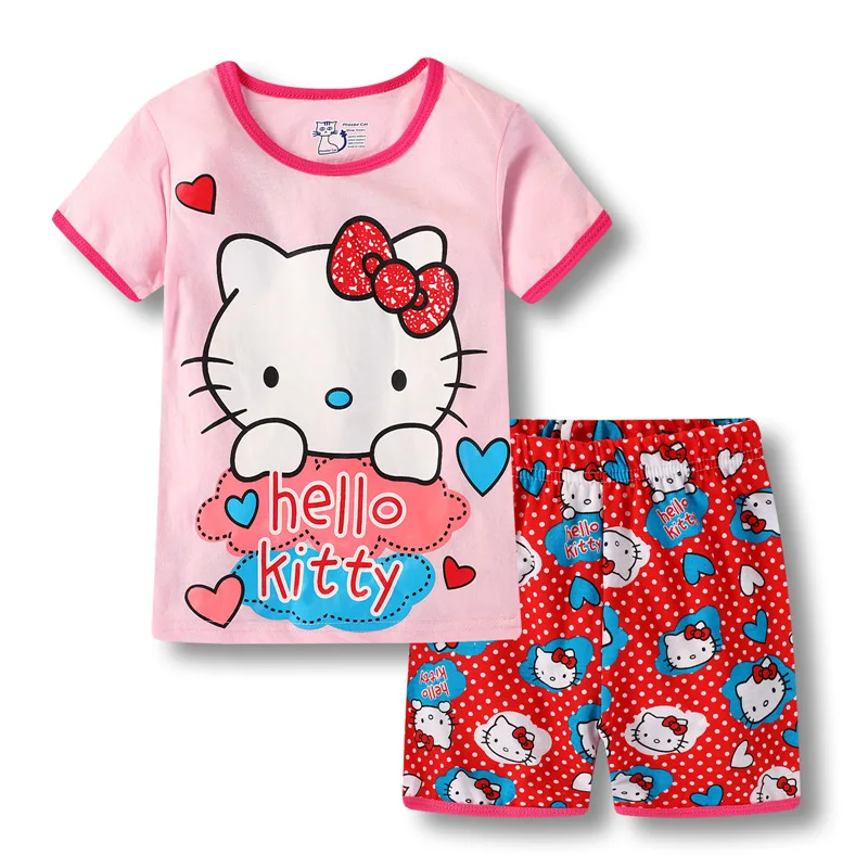thumbnail image 1 of Traje de manga corta de algodón puro con dibujos de Hello Kitty, pijama para niñas, camiseta + Pantalones de cinco puntos, servicio a domicilio, ropa para niños, 1 of 5