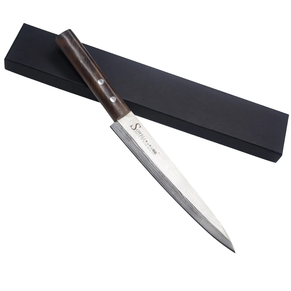 knife with box Sushi Sashimi Knife- 8 Inch Stainless Steel Laser Damascus Pattern Kitchen Chef Knife Japanese Salmon Fish Filleting Knives - Цвет: knife with box
