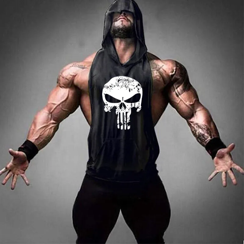 Skull Printing Bodybuilding Hooded Tank Tops men Gyms Stringer Shirt Fitness Tank Top Men Gyms Clothing Cotton Vest Shipping