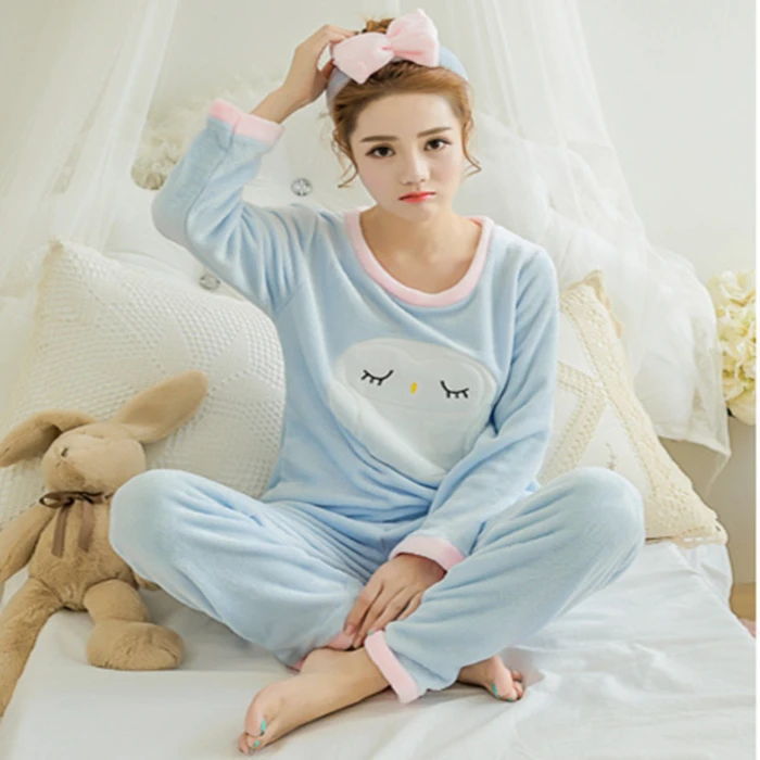 Зимняя фланелевая теплая пижама в Корейском стиле; kawaii; пижамный комплект из кораллового флиса; Пижама mujer; повседневная домашняя одежда; пижамы для женщин; одежда для сна - Цвет: R W lan maotou