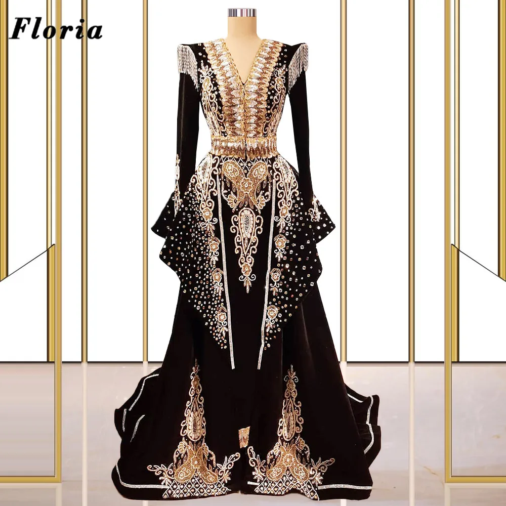 

Floria Moroccan Kaftans Beaded Evening Dresses 2022 Turkish Dubai Long Sleeves Prom Dress Vestidos Arabic Women Party Gowns