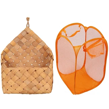 

Folding Laundry Nylon Network Clothes Laundry Basket & Wood Basket Weaving Storage Basket Fruit and Vegetable Basket