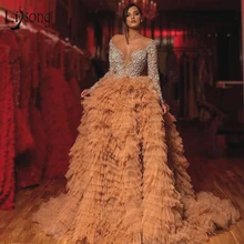 Роскошные вечерние платья из тюля с оборками цвета шампанского, длинные рукава, блестящие кружевные платья трапециевидной формы с кристаллами и бисером, сексуальные платья для выпускного вечера