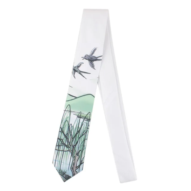 Men's Printed Tie Casual Banquet Suit Shirt Accessories Yarn-dyed Polyester Silk White Fine Novelty Landscape Painting Necktie 211095