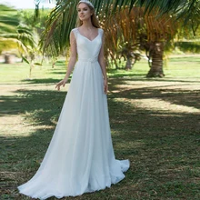 Simple White Wedding Dresses Sleeveless A-Line Backless V-Neck Floor-Length Gentle Chiffon Pleat Beading Court Train Bridal Gown