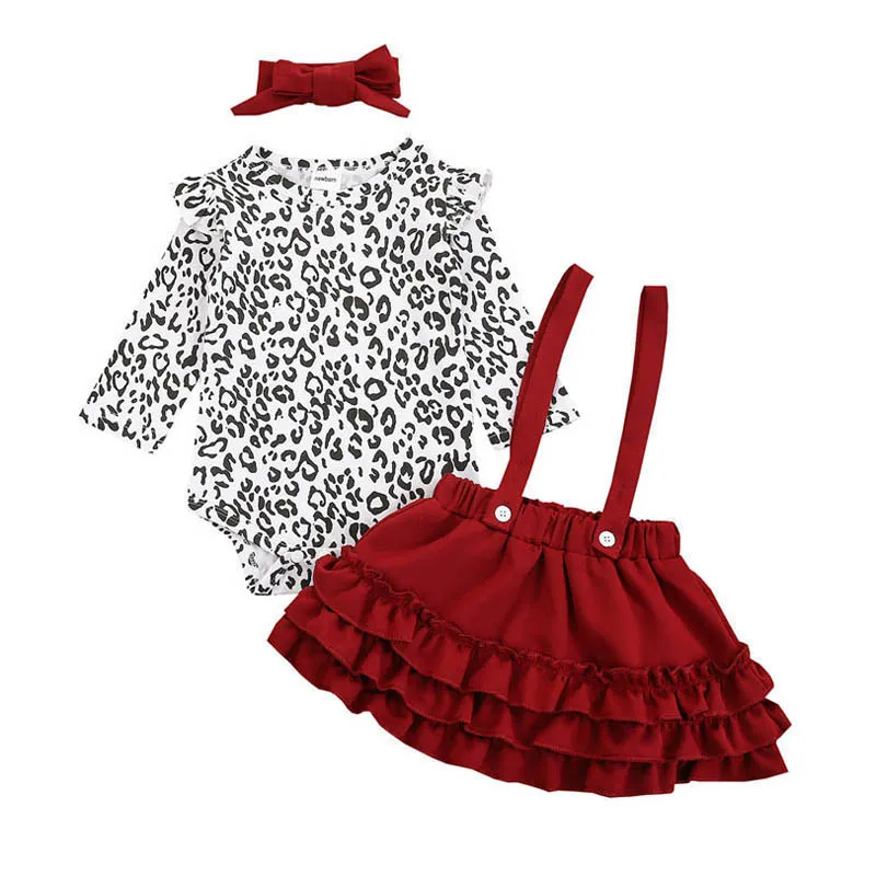 

Infant Baby Girl Clothes Set Long Sleeves Leopard Ruffle Tops Overalls Skirt 3Pcs Outfit New Kids Autumn Clothing