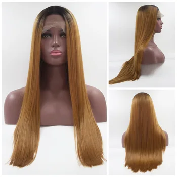 

Heat Resistant Fiber Hair Long Straight Synthetic Wig Ombre Blonde Color Synthetic Lace Front Wigs for Women Baby Hair