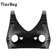 Горячие сексуальные женские короткие топы с эффектом мокрого вида Черное Женское белье из лакированной кожи широкие плечевые ремни открытые соски с дырками дизайн Эротический бюстгальтер Топ