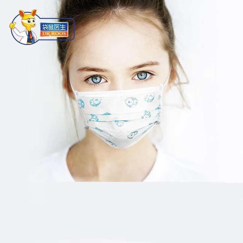 

DR.ROOS 5pcs/pag (2bag) blue puppy print 3-layer children disposable non-woven breathable dust-proof anti-fog earrings mouth mas