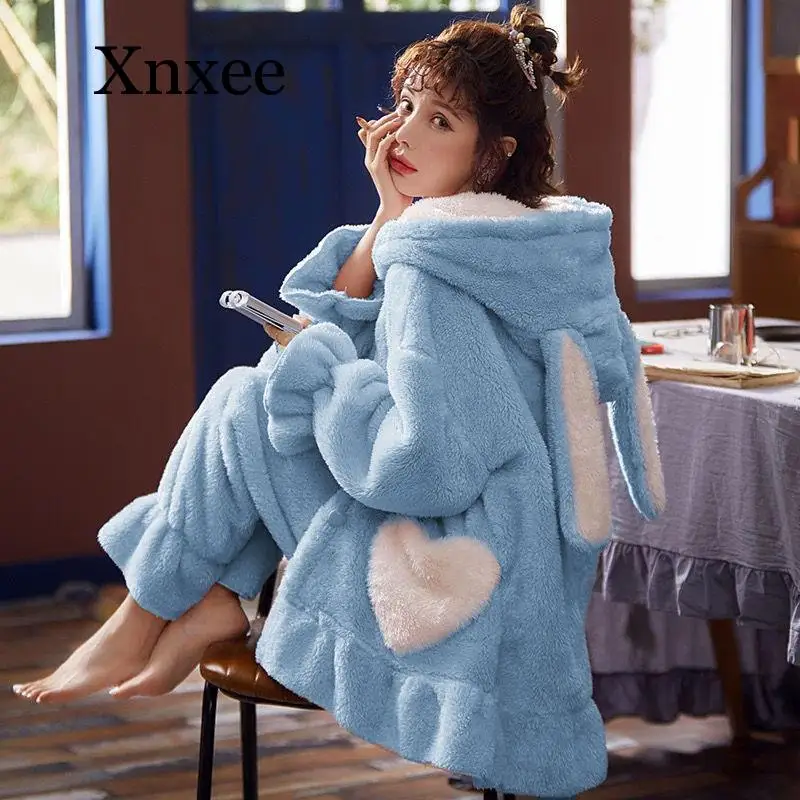 

Autumn Winter Women Pajamas Set Thick Flannel Warm Female Pajama Set Cartoon Animal Long Sleeve Full Trousers Sleepwear cute