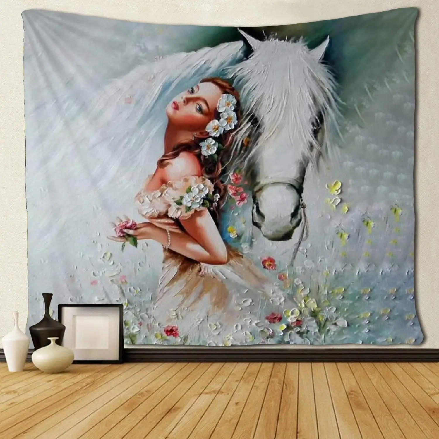 

Flower Girl and White Horse Art Tapestries Hippie Art