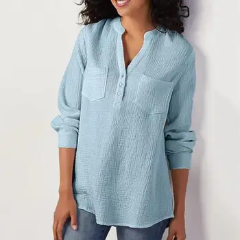 

New Fashion Solid Color Pocket Long Sleeve V-neck Women Casual Loose Blouse Top
