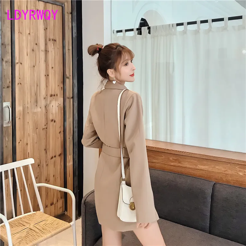 2019 autumn Korean suit collar temperament belt belt and lined dress Knee-Length  Turn-down Collar  Sashes  Solid