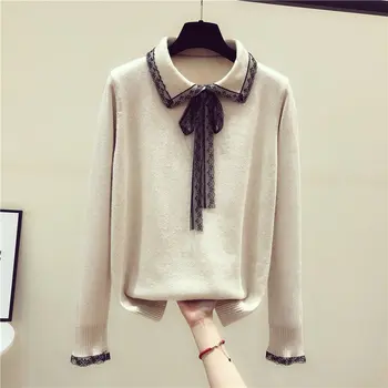 

lace knitted women sweater and pullovers turn-down collar slim solid office lady elegant pulls fashion outwear coat tops