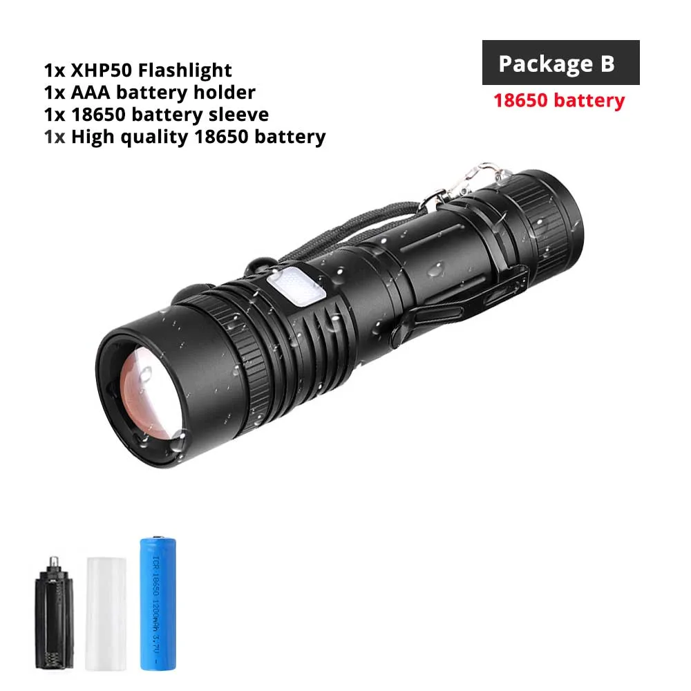 Package B(18650) Мощный светодиодный фонарь XHP50 с поддержкой шариков, 5 режимов освещения, фонарь с аккумулятором 18650 или 26650 для активного отдыха - Испускаемый цвет: Package B(18650)