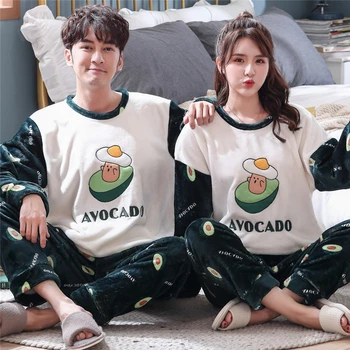 

Autumn Winter Women Thicken Coral Fleece Couple Pajamas Set Pyjamas Cartoon Home Service Plus Size Pijama Mujer