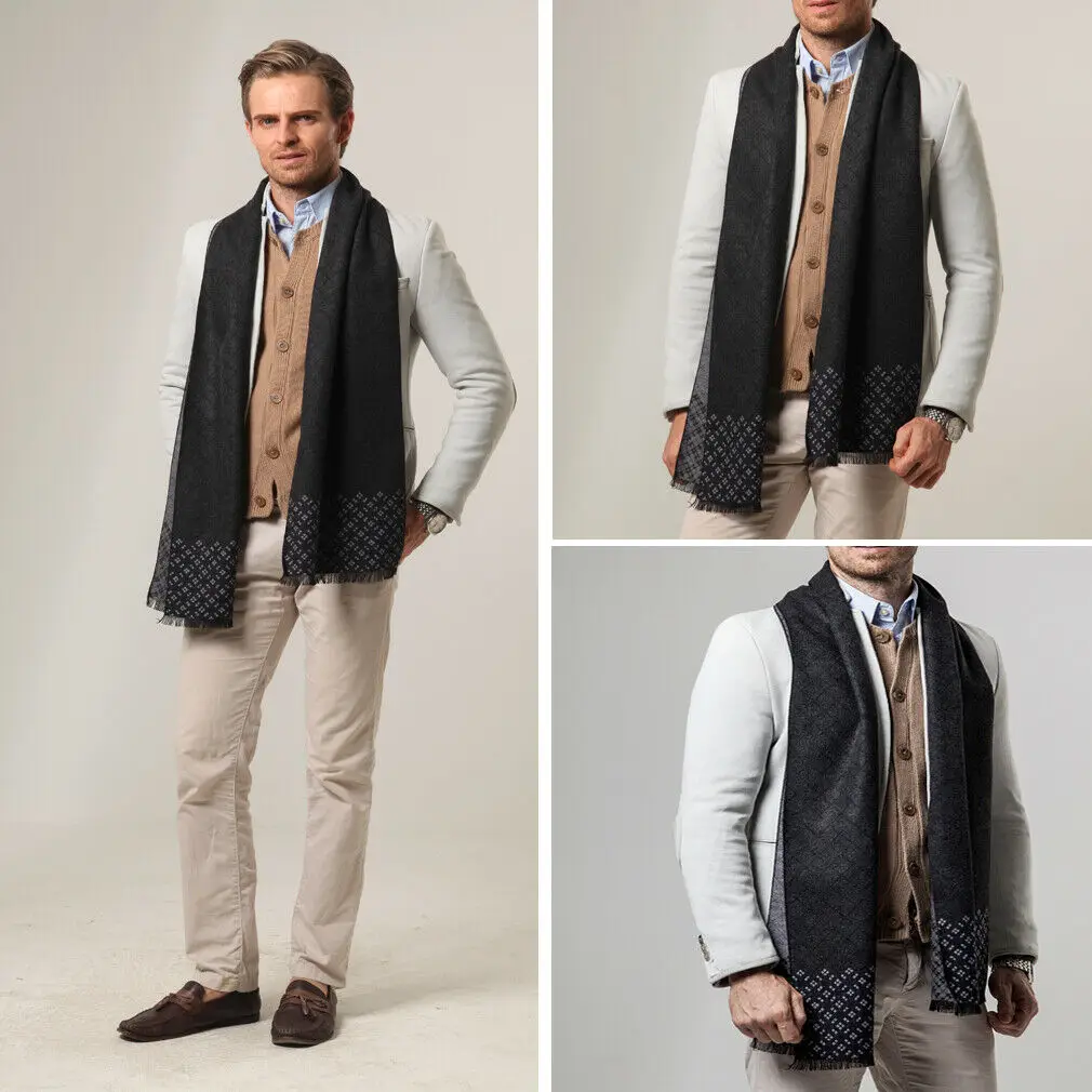 Men Classic Cashmere Pashmina Scarf Shawl Winter Warm Long Fringe Plaid Tassel Soft Wrap |