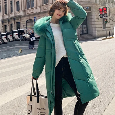 Зимнее повседневное длинное пуховое пальто для женщин с пушистым меховым воротником, теплый пуховик большого размера для женщин, уличное офисное пальто с капюшоном, верхняя одежда - Цвет: Green