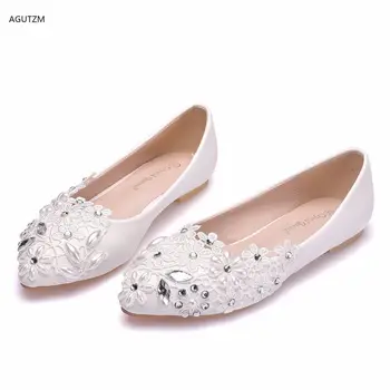 

AGUTZM White lace pearl casual women's shoes 2020 women White loafers pointed shallow Casual flat shoes Wedding shoe mujer z328