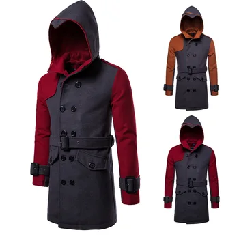 

Men Clothing Hot Selling Newest Double-breasted Men Coat with Cap Clothes with Belt Medium and Long Woolen Windbreaker Overcoat