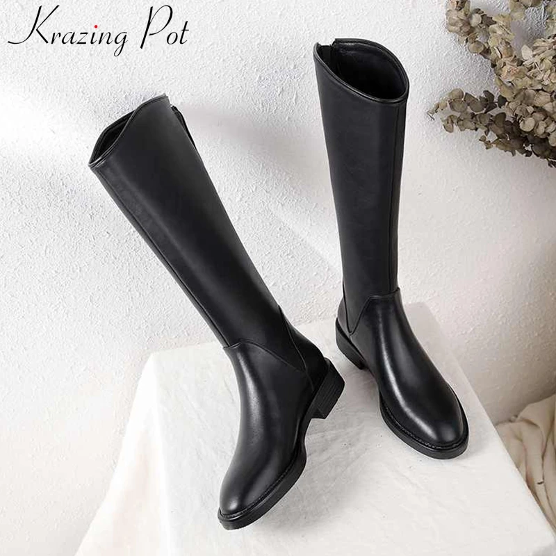

krazing pot cow leather concise style knight boots round toe med heels black colors fringe zip winter warm thigh high boots L6f2