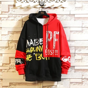 

Men's Hoodies Oversized Patchwork Print Harajuku Japanese Streetwear Hip Hop Sweatshirts Black Red Hoodie Men Autumn Clothing