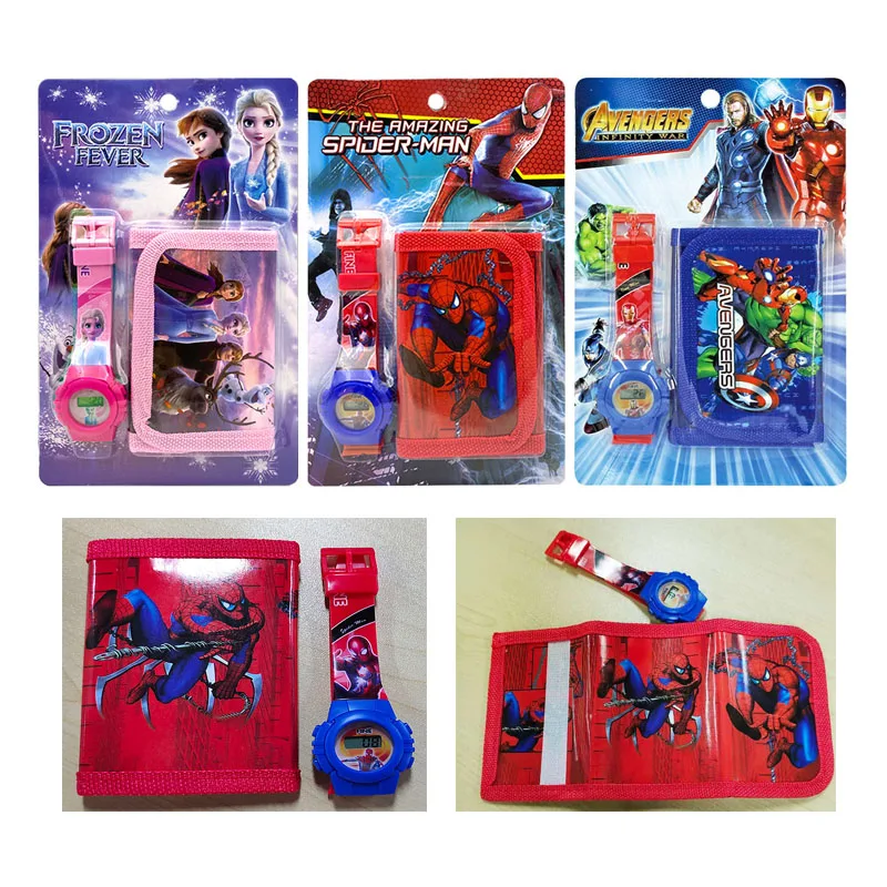 Disney Spider-Man Frozen Children's Watch + Wallet Set Iron Man Cartoon Digital Pocket Birthday Gifts | Наручные часы